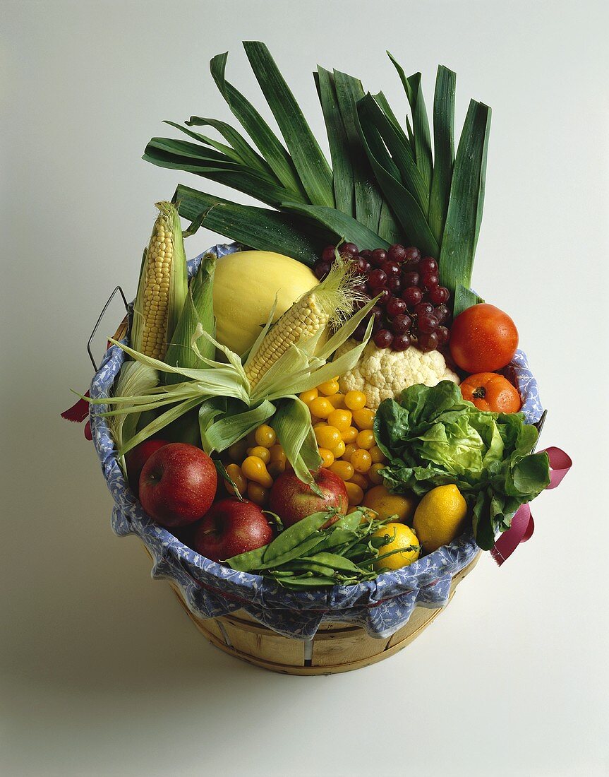 Still Life: Assorted Fruits and Vegetables in a Basket