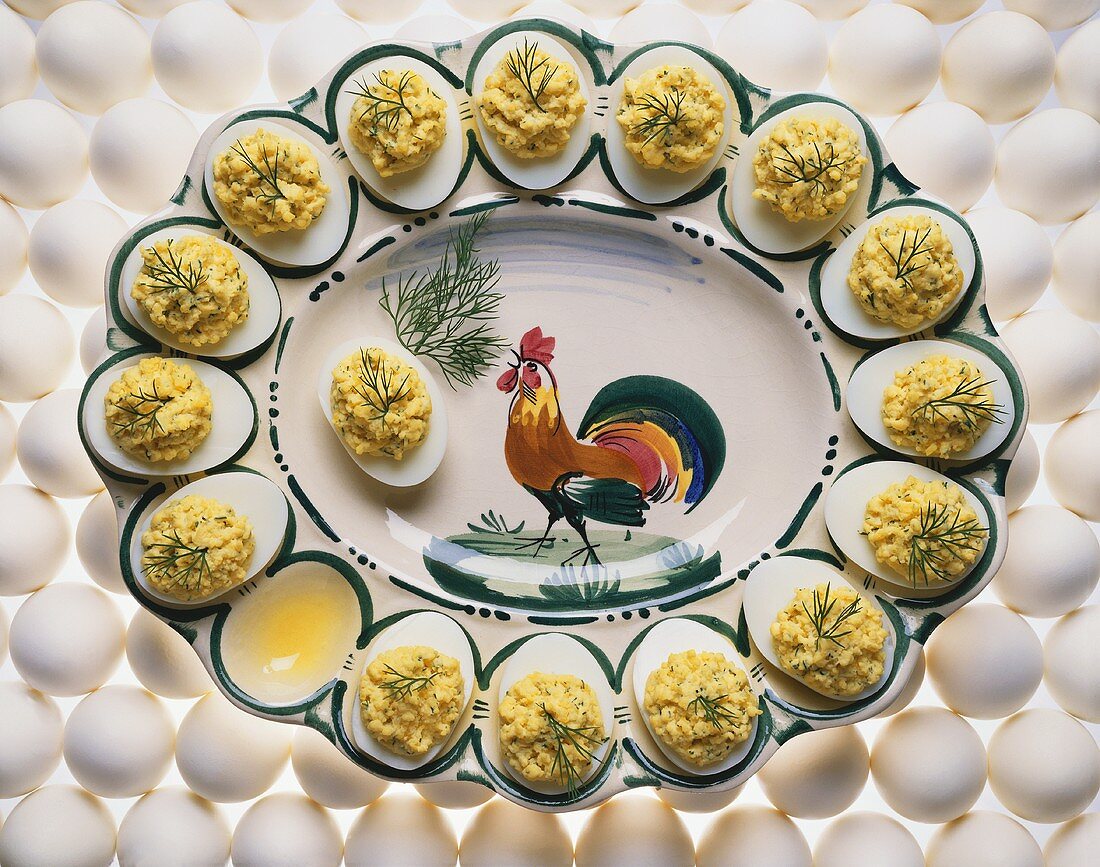 Deviled Eggs on a Platter Resting on Eggs