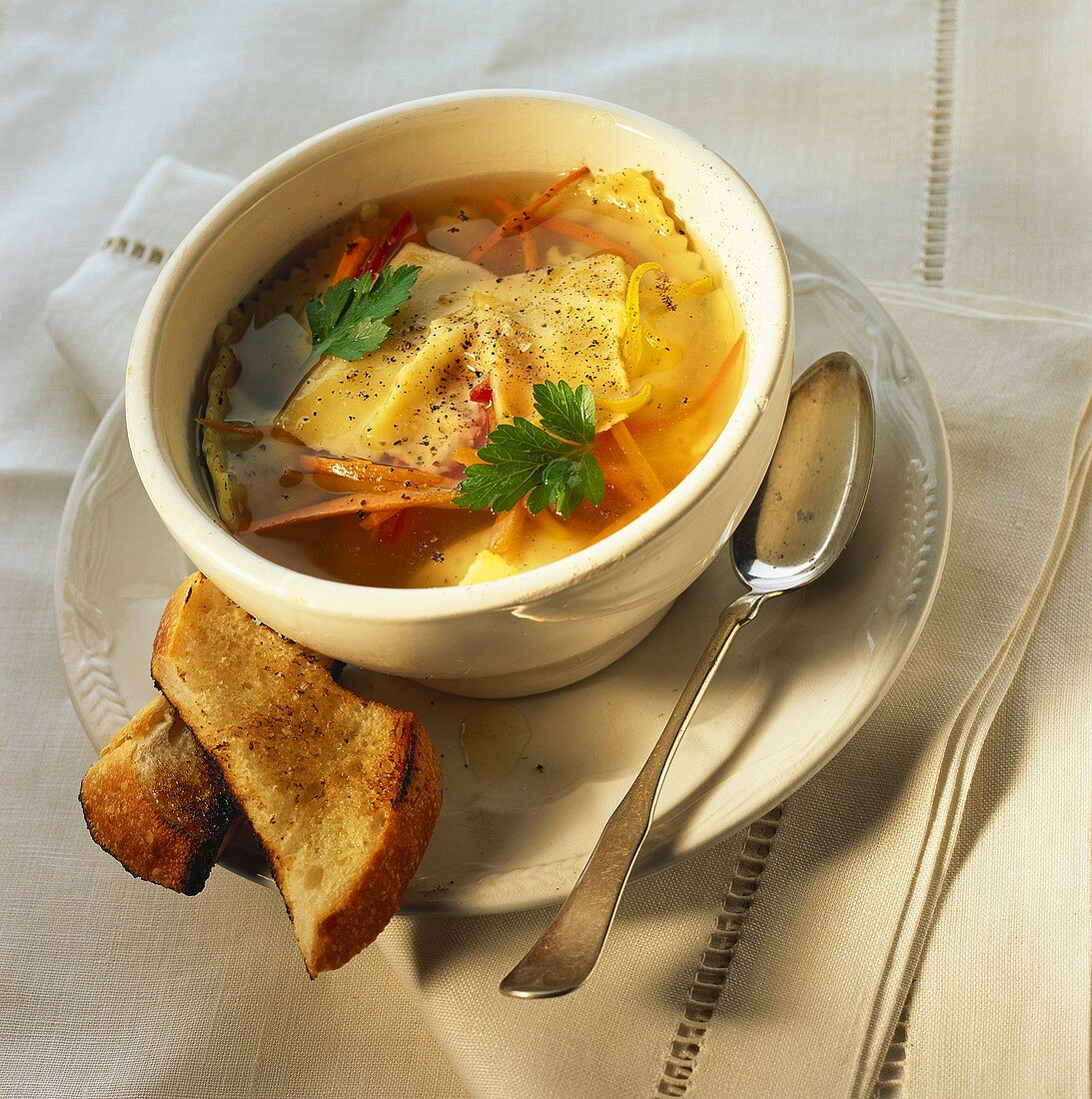 Bowl of Chicken Ravioli Soup
