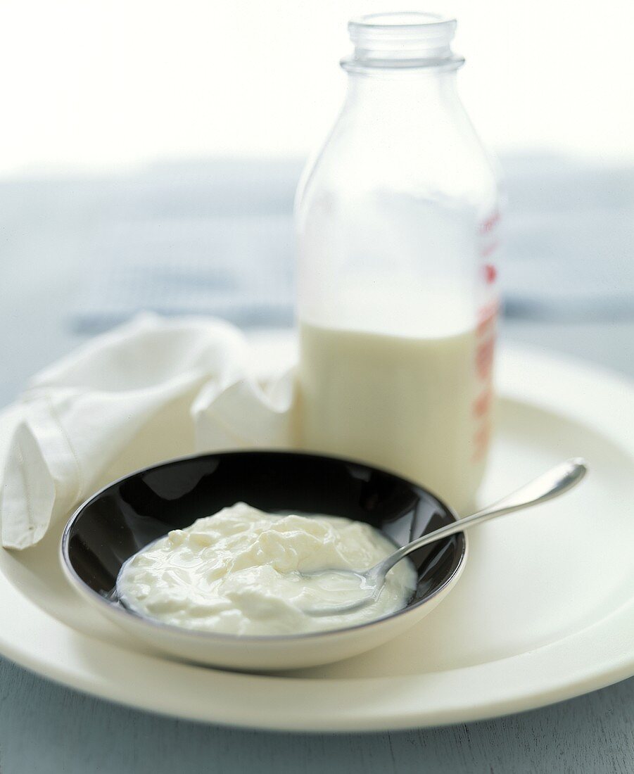 Joghurt in Schale und Flasche Milch