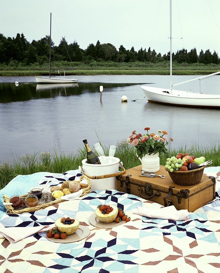 Picknick mit Obst, Marmelade und Brötchen am Seeufer