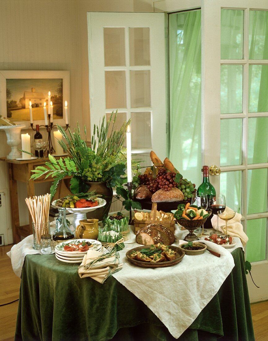 Italian buffet with antipasti, bread and wine