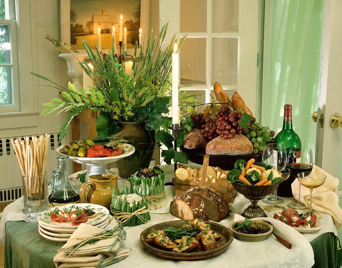 Italian buffet with antipasti, bread and wine