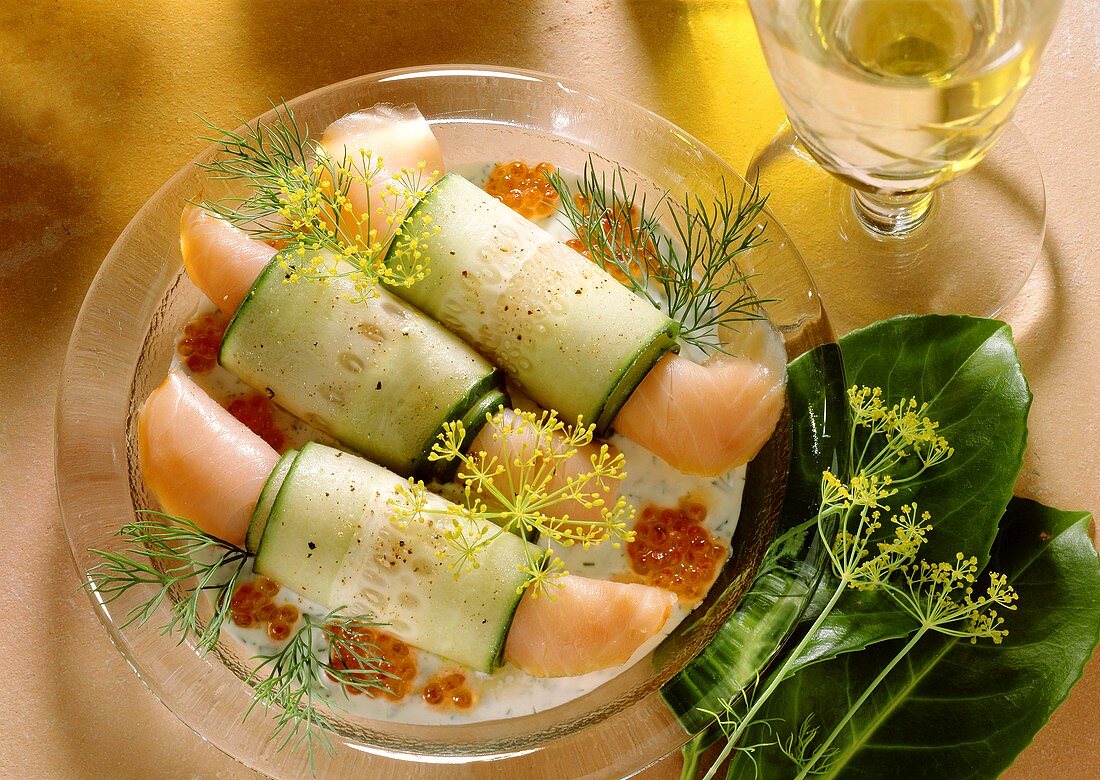 Salmon-Cucumber Rolls on Dill Sauce