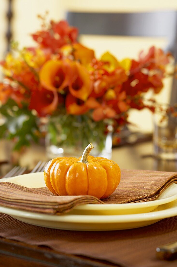 Gedeck mit Kürbis am herbstlich gedeckten Tisch