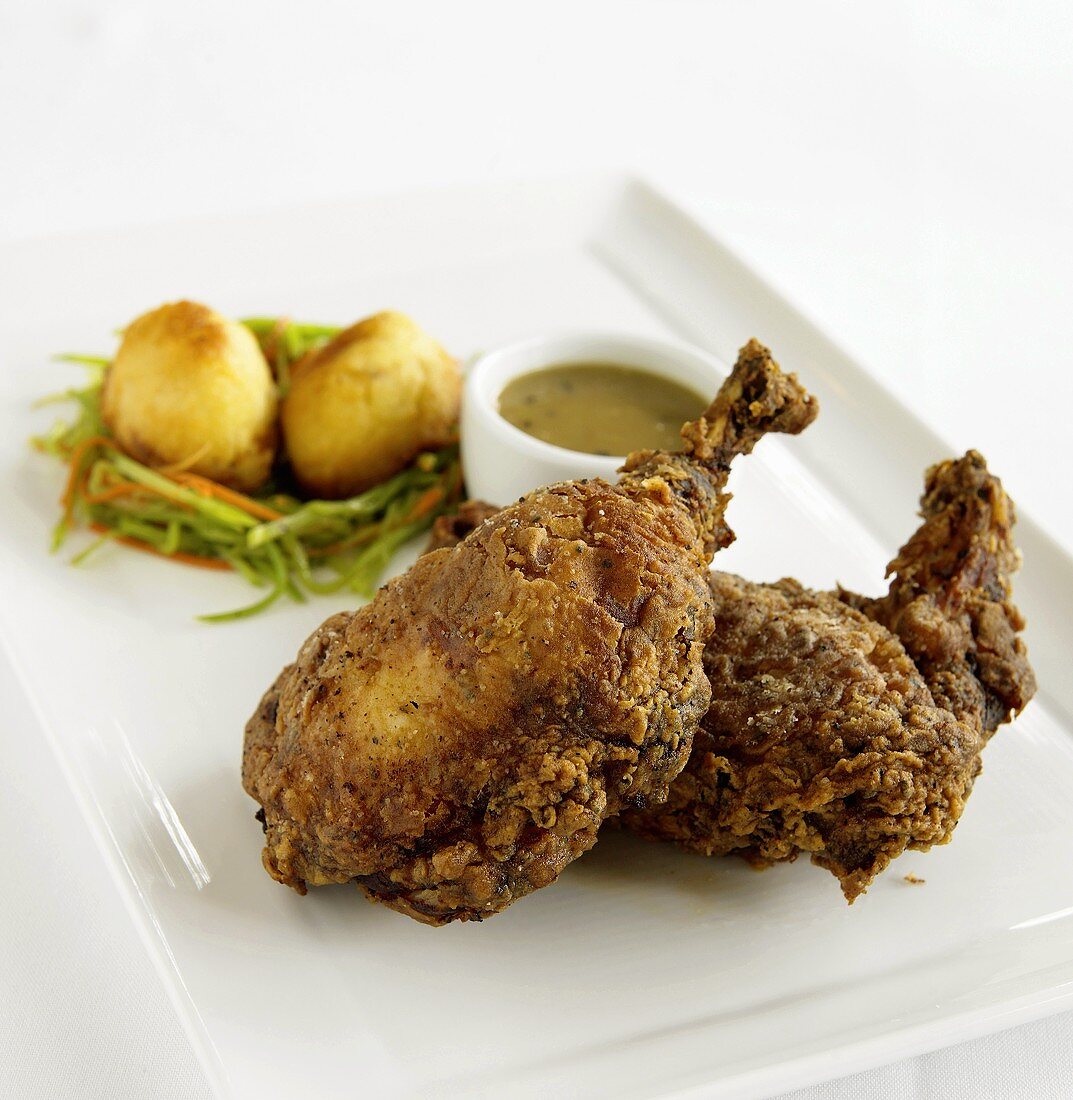 Two Pieces of Crunchy Fried Chicken on a Plate with Dipping Sauce, Potatoes and Vegetables