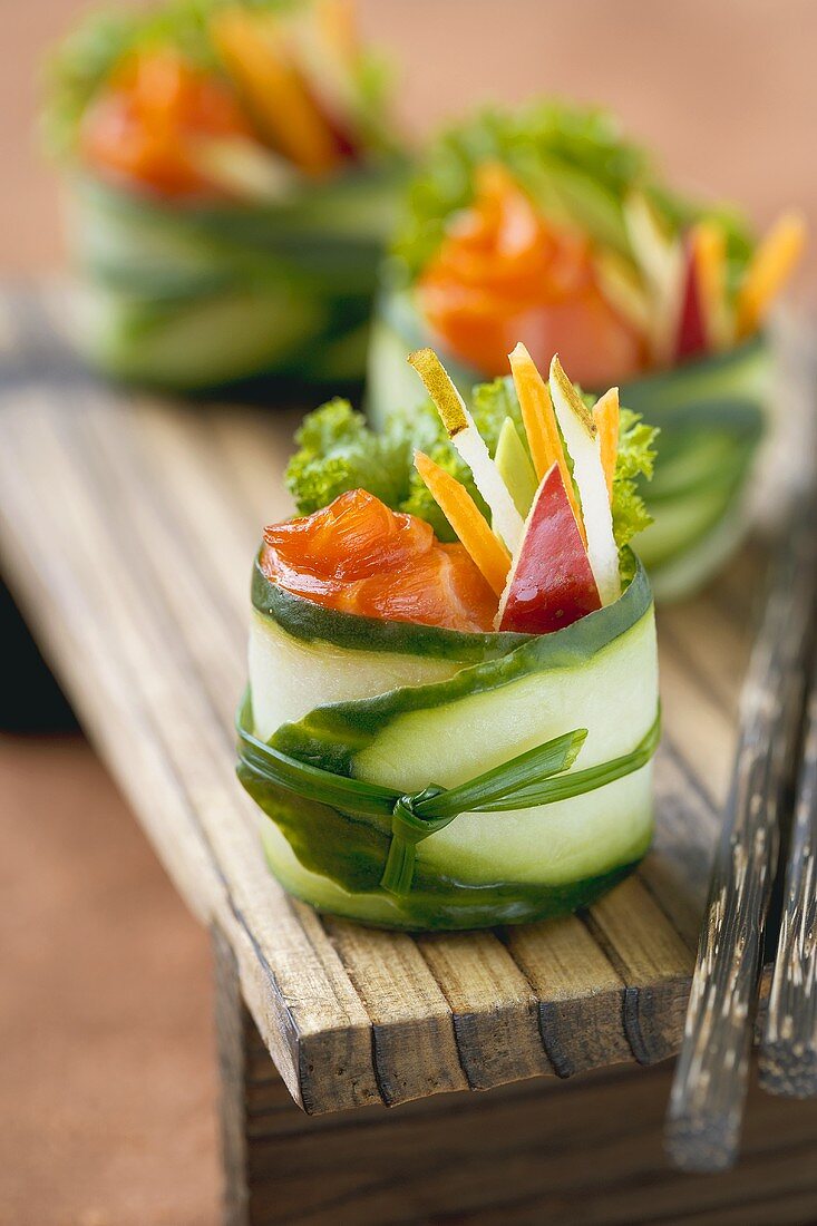 Salmon and Vegetable Salad Wrapped in a Cucumber Cup