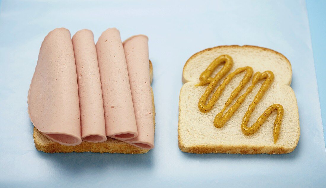 Zwei Weissbrotscheiben (eine mit Wurst und eine mit Senf)