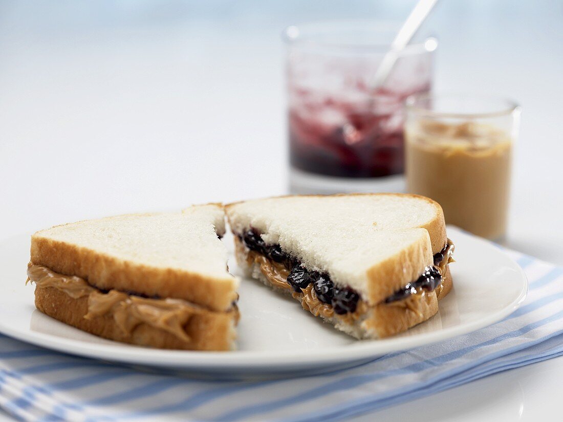 Peanut Butter and Jelly Sandwich Cut in Half on a Plate, Peanut Butter and Jelly