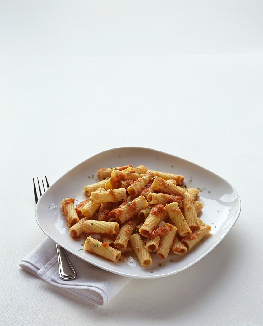 Rigatoni in Tomato Sauce on a White Plate; Napkin and Fork
