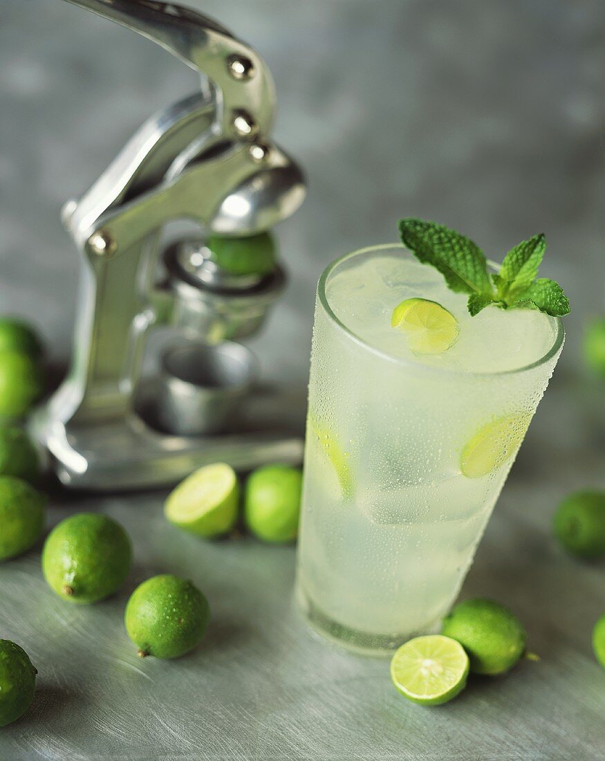 Glass of Fresh Squeezed Limeade; Limes and Juicer