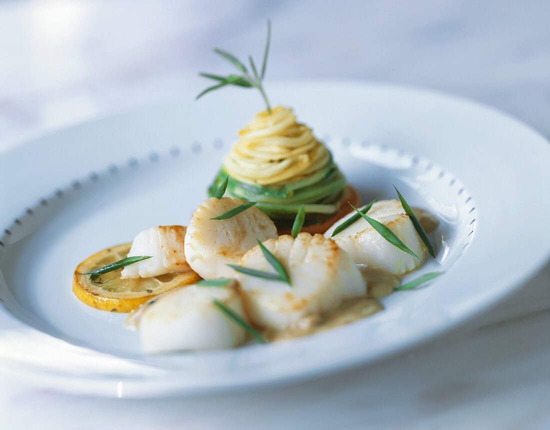 Seared Scallops on a Plate Topped with Chives