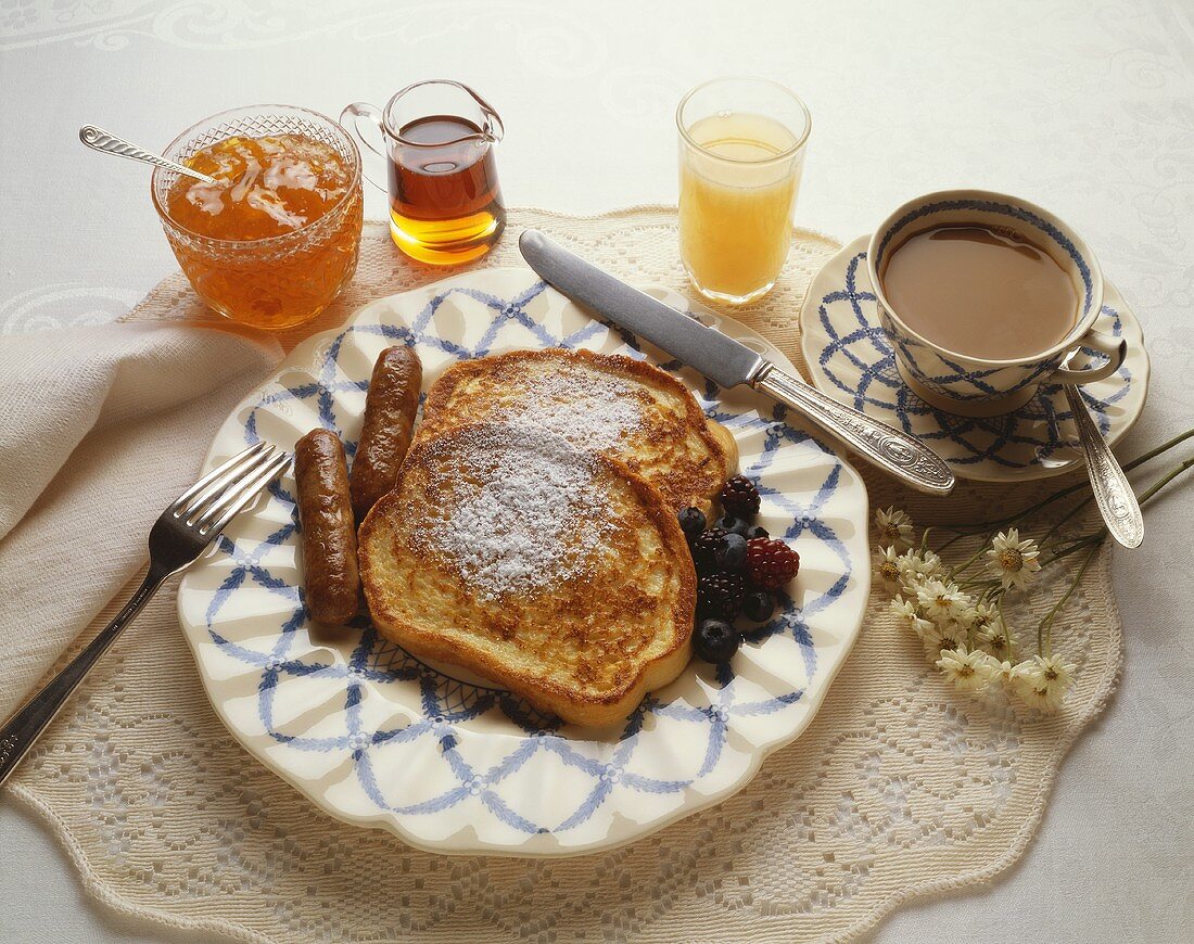 French Toast and Sausage Breakfast with Coffee, Juice, Syrup and Marmalade