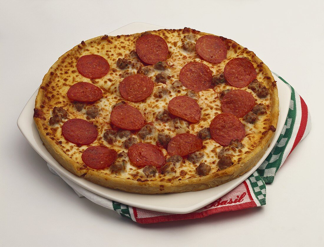 A Pepperoni and Sausage Pizza
