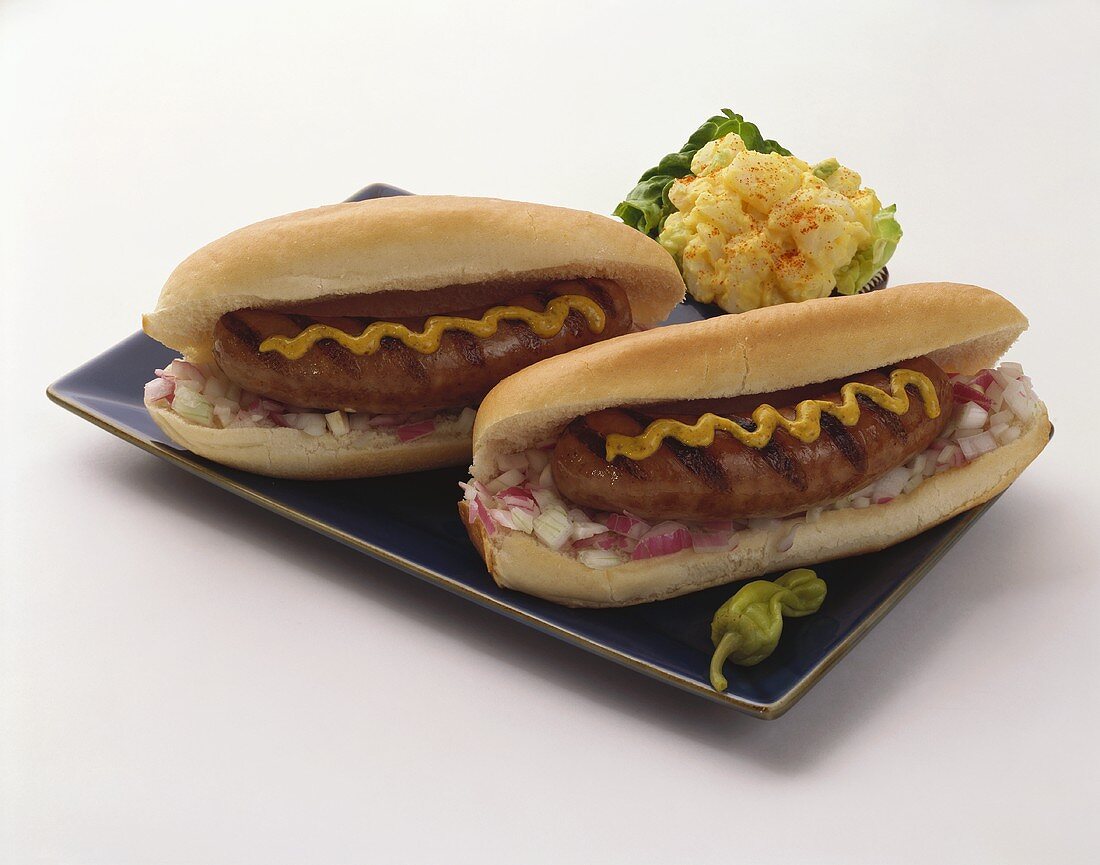 Zwei Hot Dogs mit Senf und Zwiebeln, Kartoffelsalat