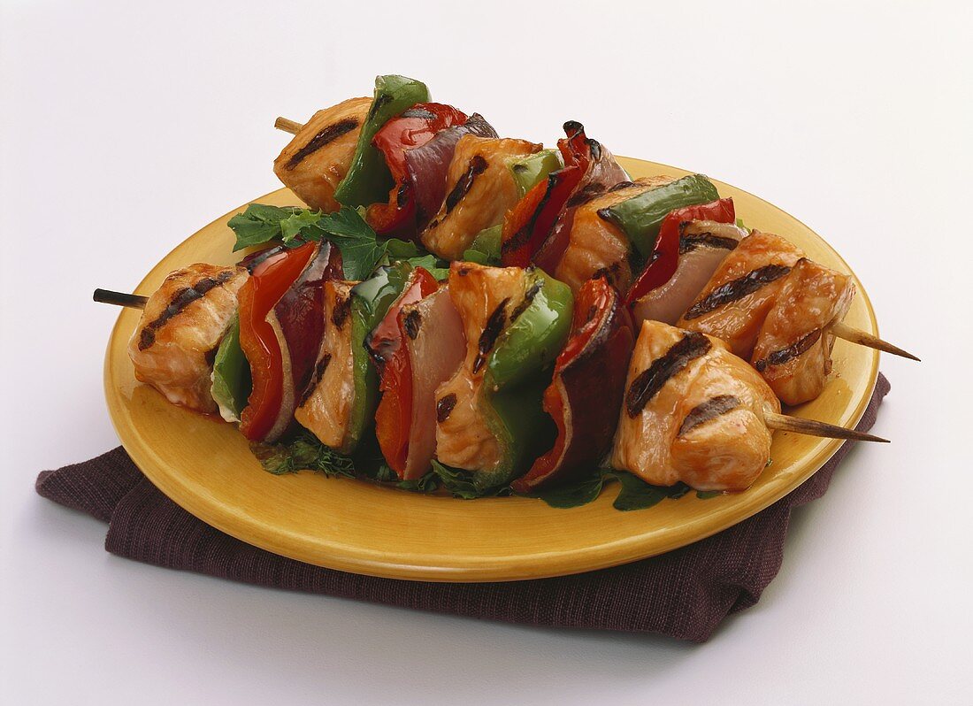 Two Chicken Kabobs with Bell Peppers and Onions