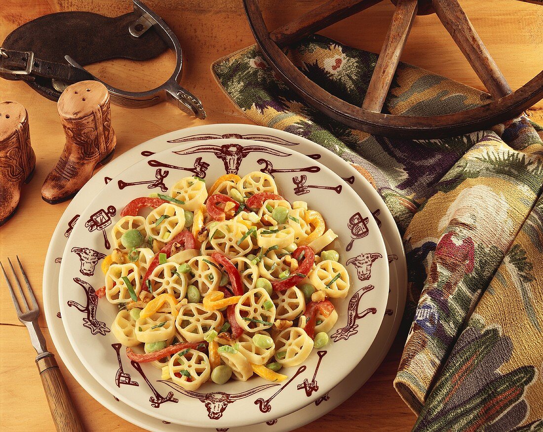 Rotelle Pasta with Red and Yellow Bell Peppers and Lima Beans; Western Decorations