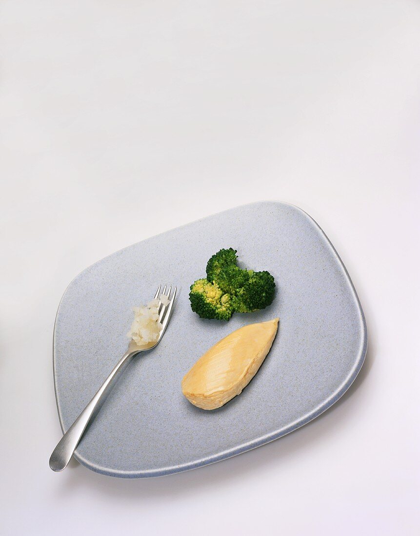 Plain Chicken Breast with Broccoli and a Forkful of Potato on a Plate