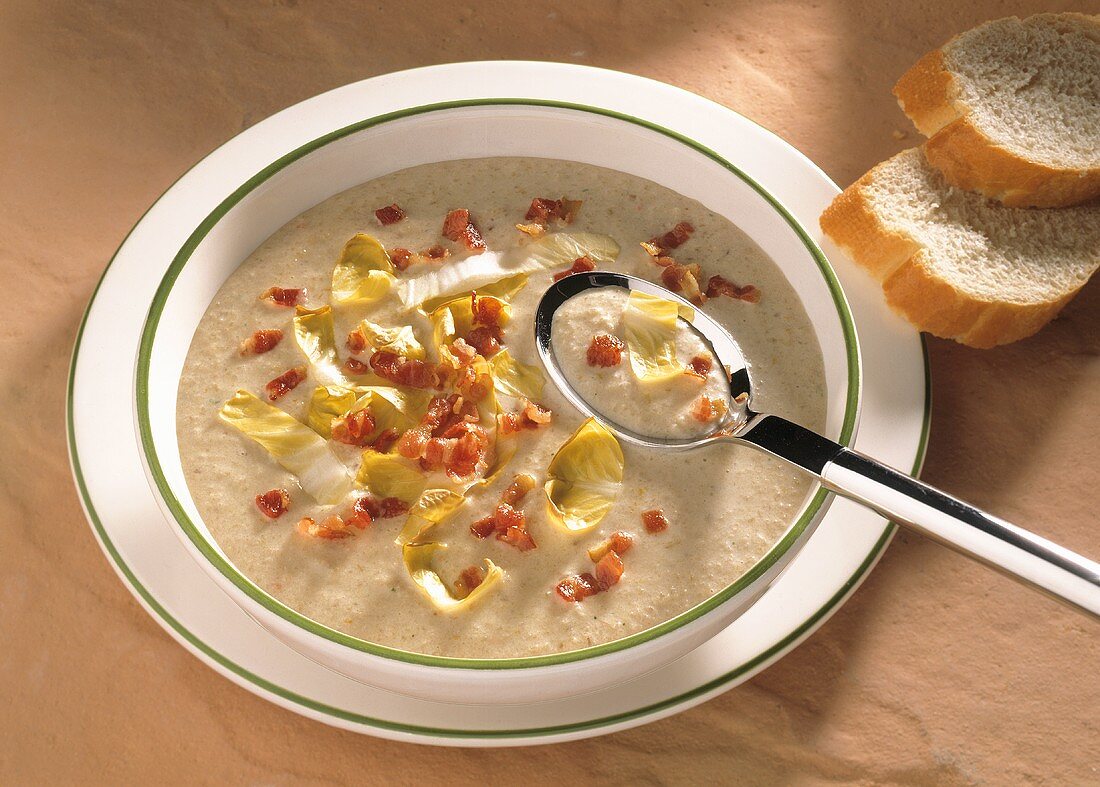 Chicory Cream Soup with diced Bacon