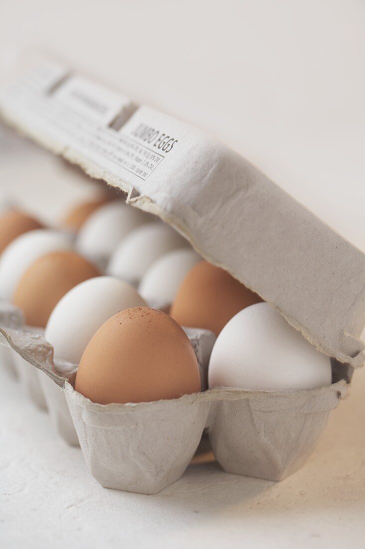 Braune und weiße Eier im Eierkarton