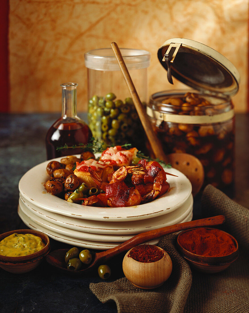 Spanish Tapas with Shrimp and Olives