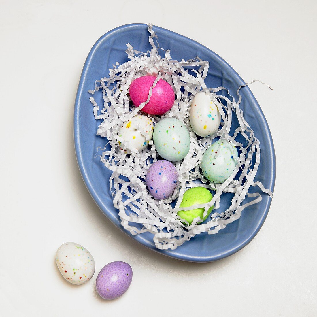 Speckled Candy Eggs on Blue Egg Shaped Dish
