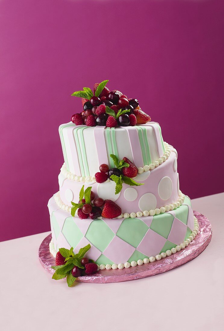 Three Tier Harlequin Style Wedding Cake with Fresh Fruit