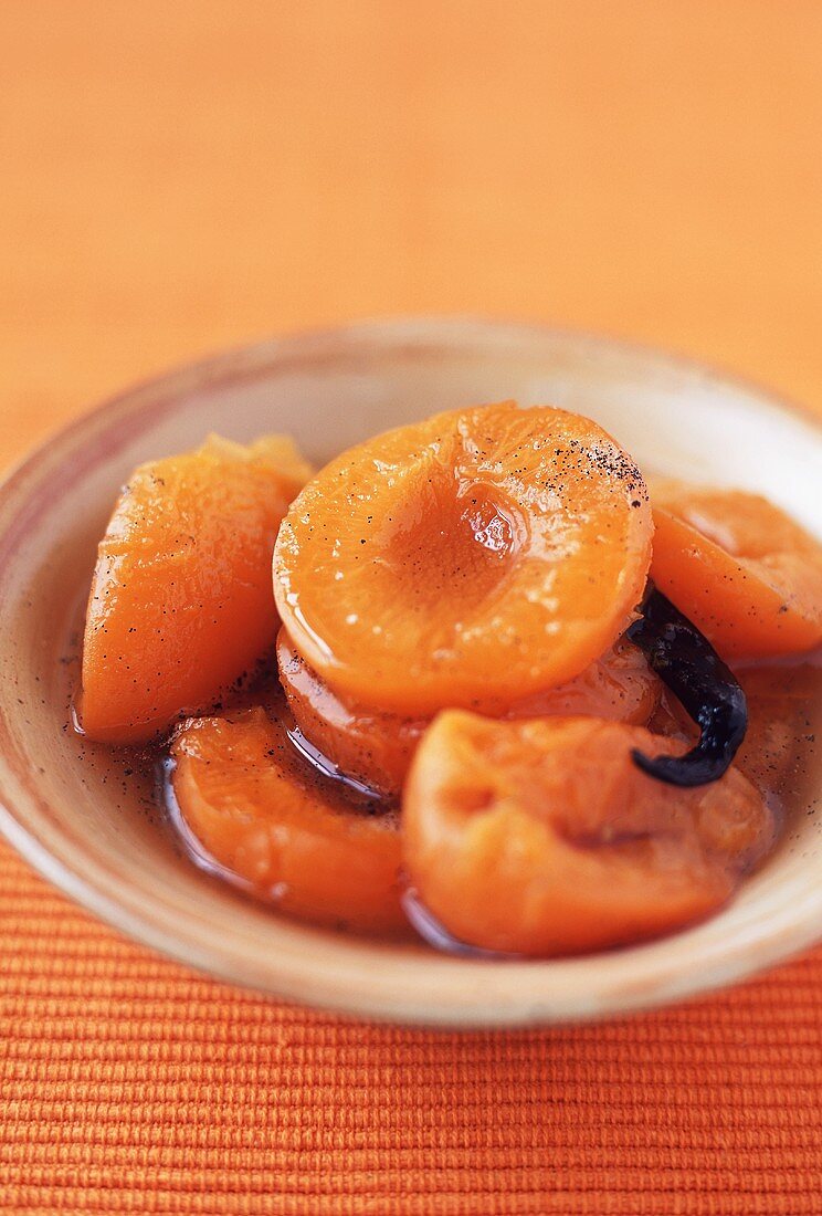 Small Dish of Poached Apricots with Vanilla Bean