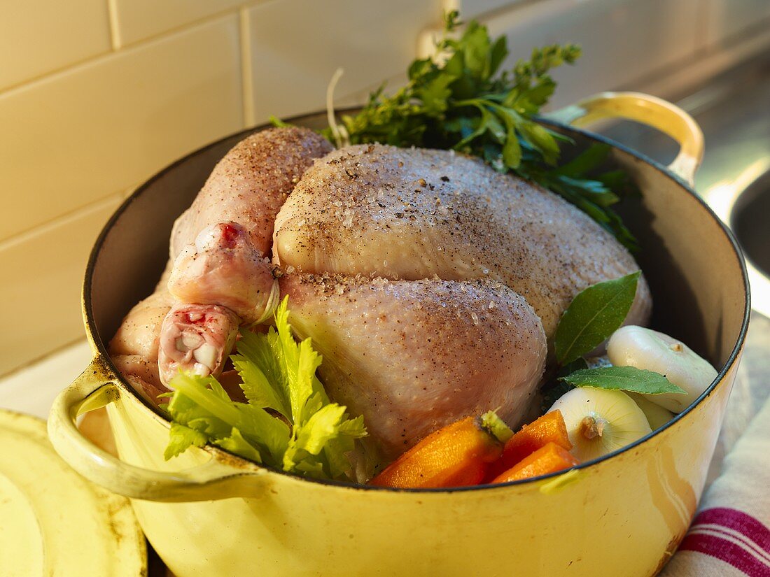 Huhn, mit Salz und Pfeffer gewürzt, im Topf mit Gemüse