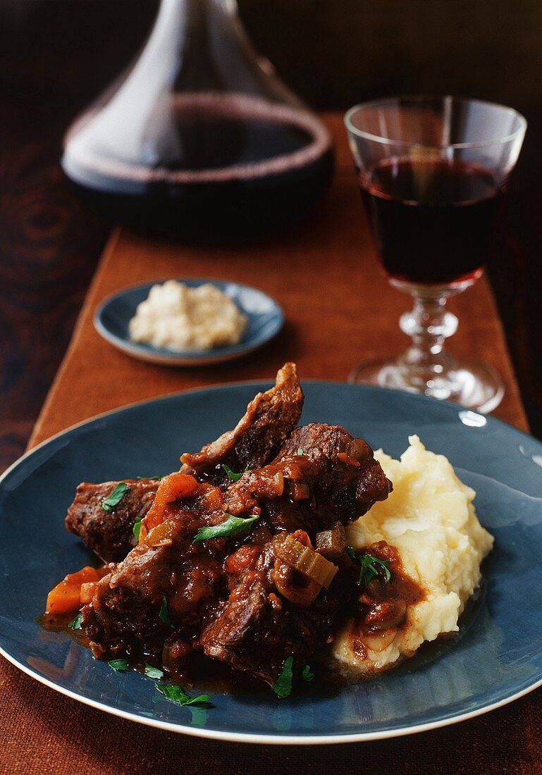 Plate of Short Ribs with Mashed Potatoes; Red Wine