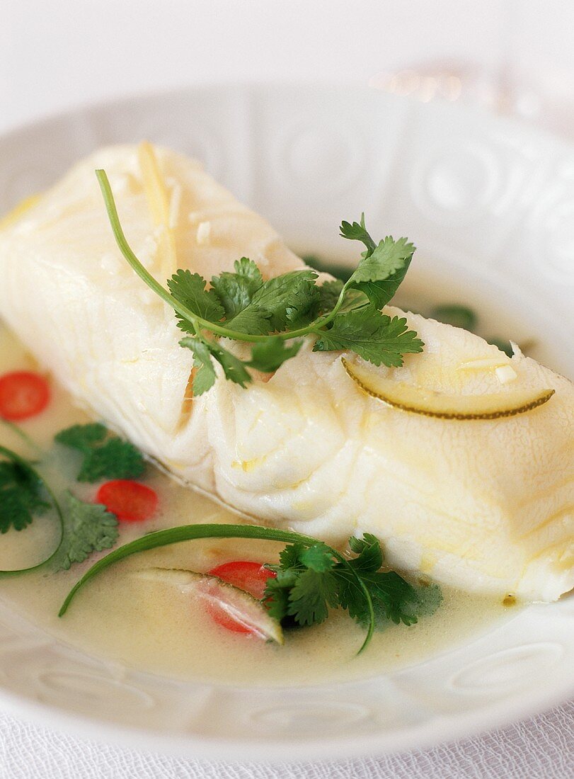 Close Up of Spicy Butter Steamed Bass with Ginger Lime Sauce