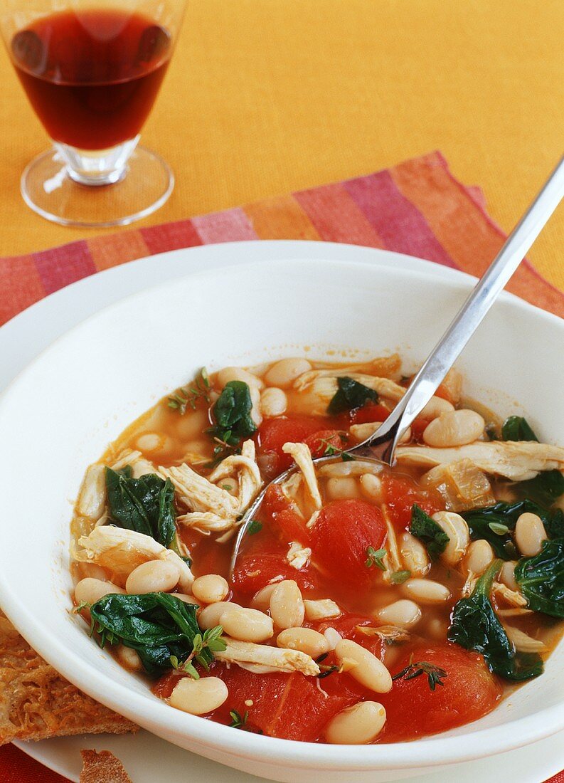 Bowl of Chicken White Bean and Spinach Stew with Spoon
