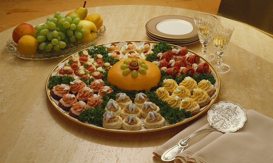 Hors d'oeuvres Platter, Fruit Tray, Plates and Glasses of Wine
