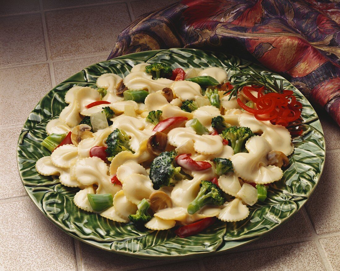 Bowtie Pasta and Vegetables in Alfredo Sauce