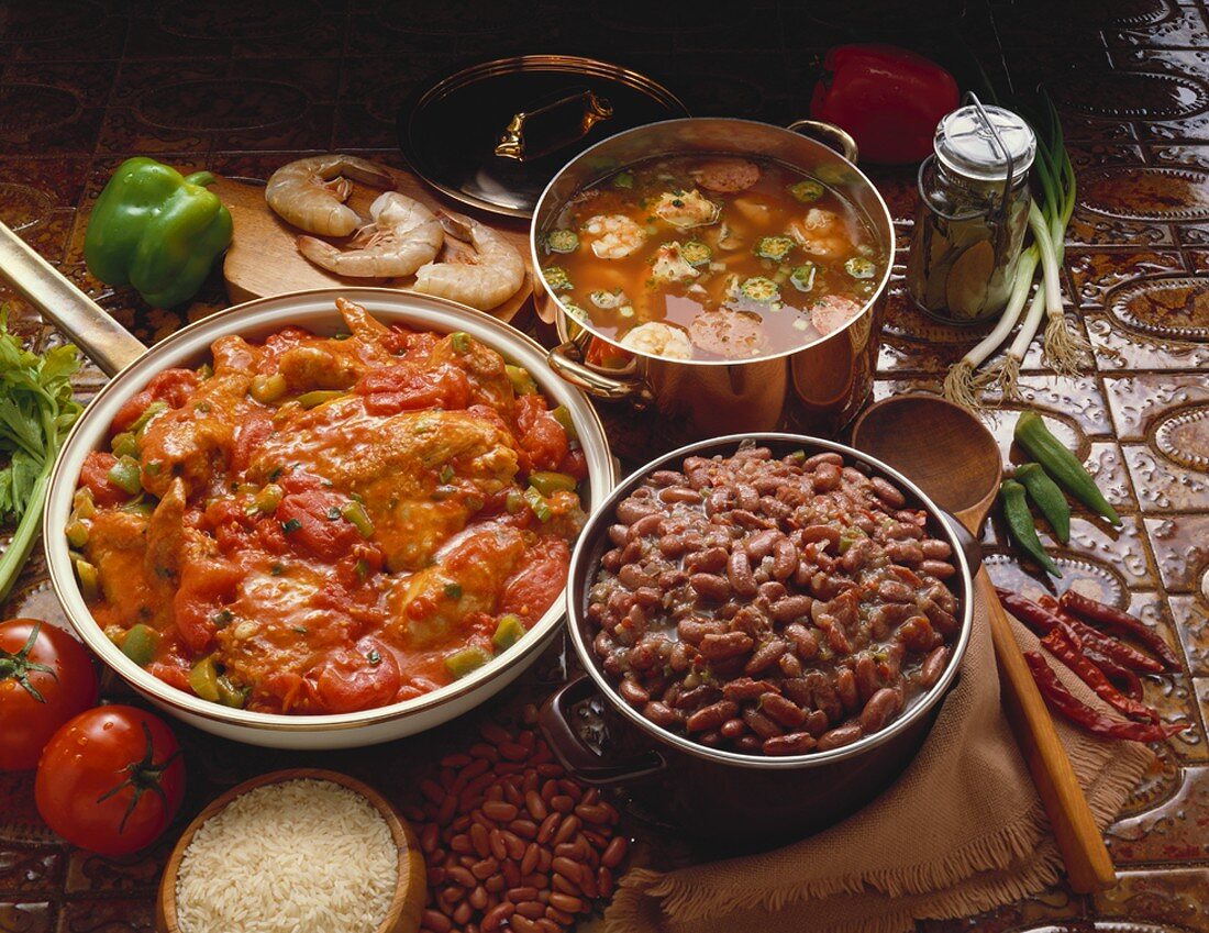 Three Southern Dishes, Creole Chicken, Red Beans and Rice, Gumbo