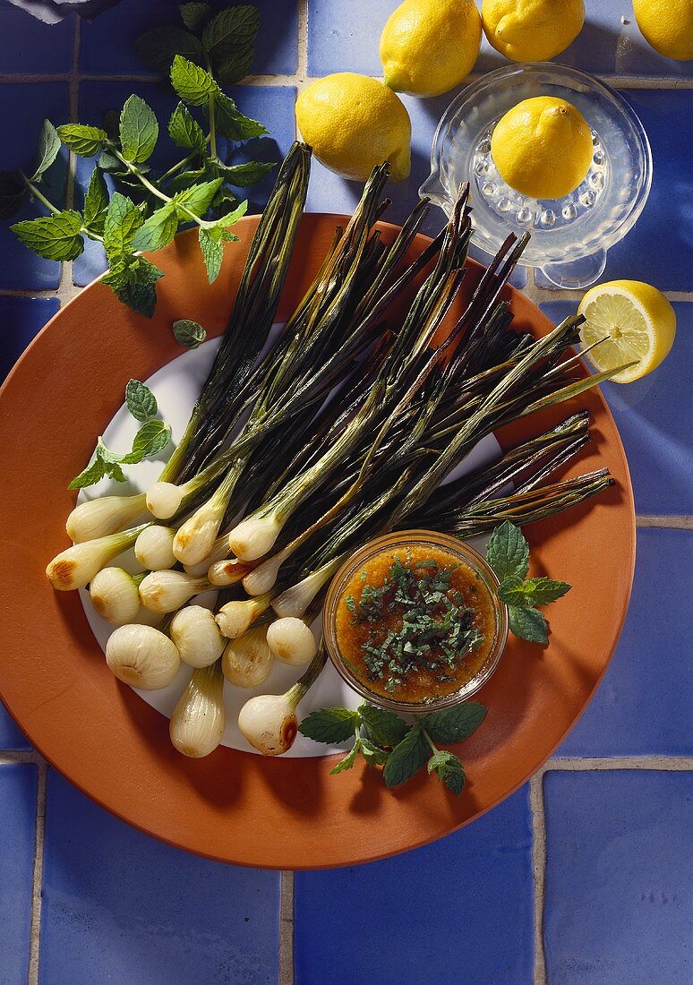 Grilled Scallions with Lemons and Peanut Sauce