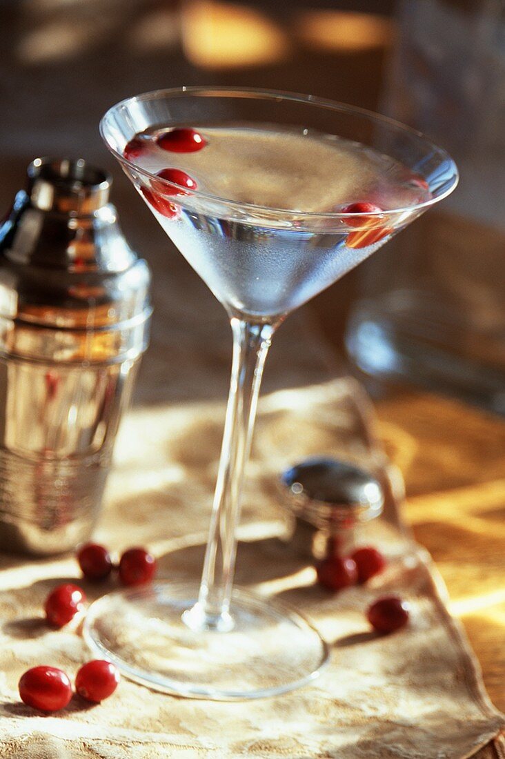 Martini mit Cranberries im Glas, Cocktailshaker