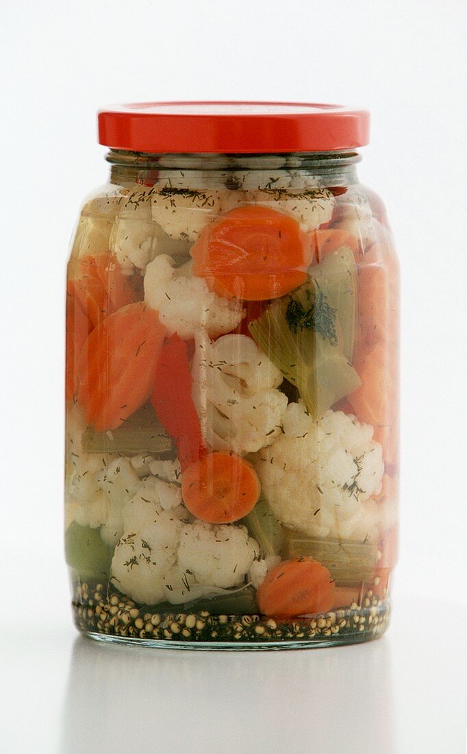 Jar of Pickled Vegetables on a White Background