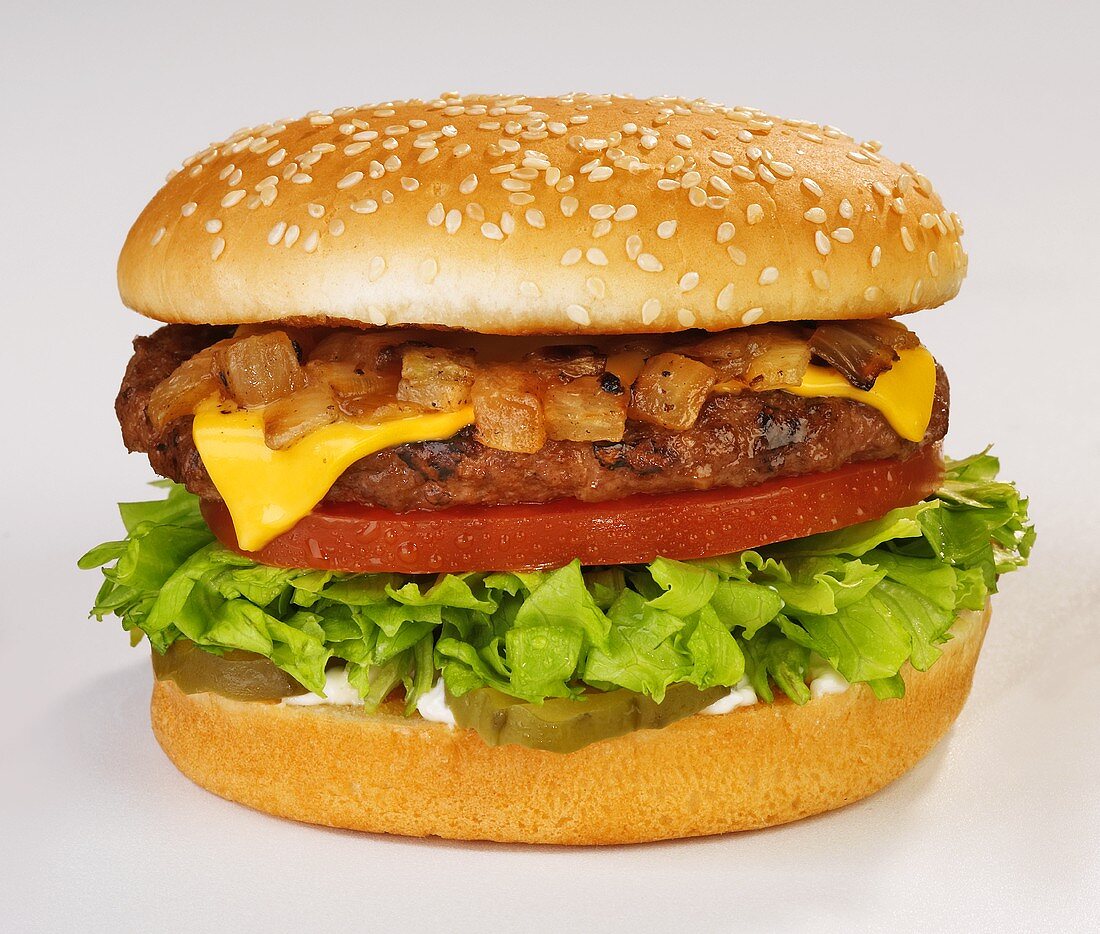 A Cheeseburger with Onions, Lettuce, Tomato and Pickle