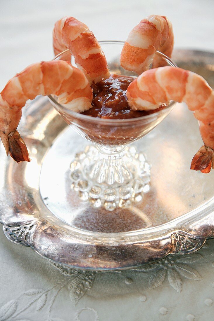 Bowl of Shrimp Cocktail on a Silver Platter