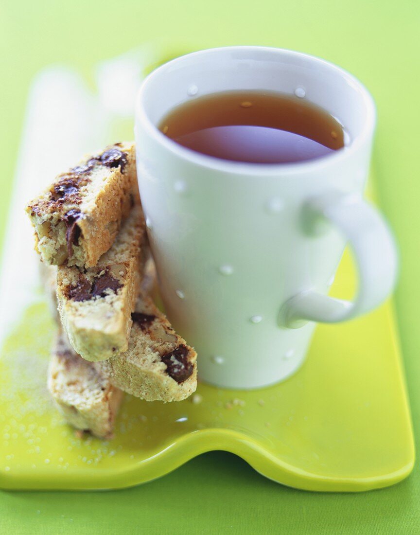 A Cup of Tea with Chocolate Chip Biscotti, Close Up