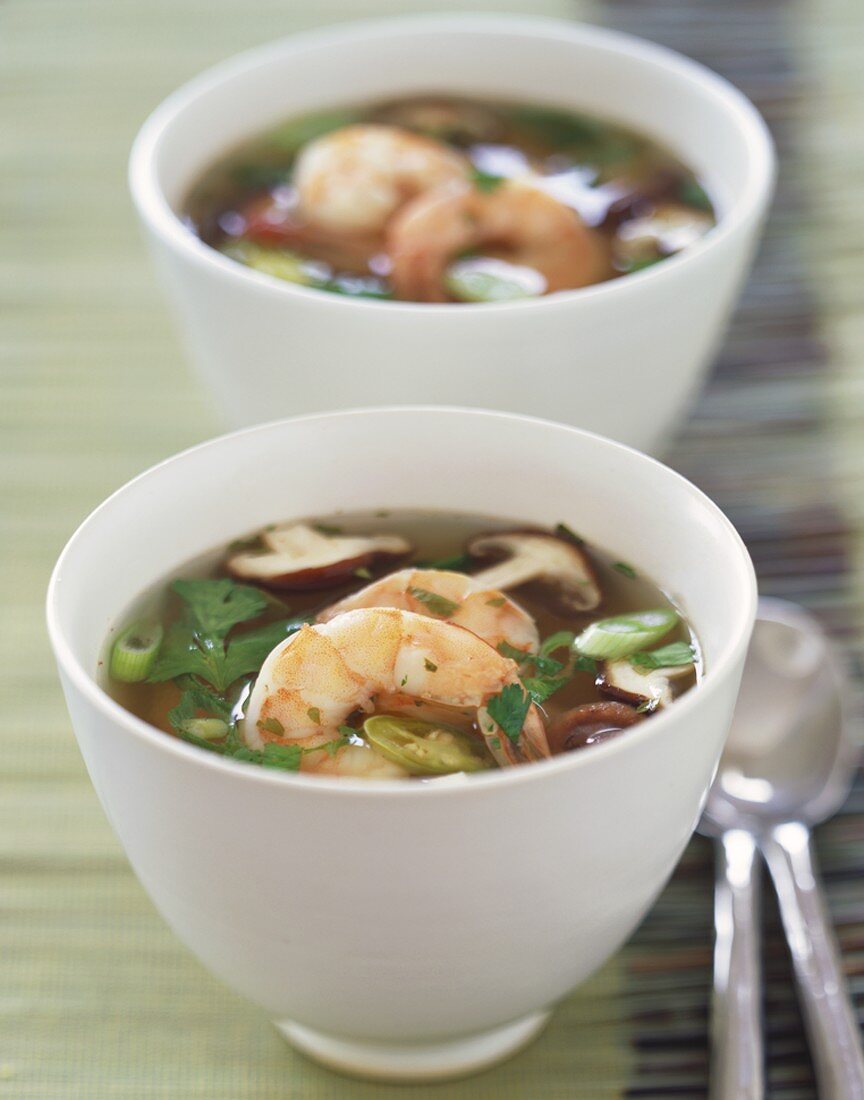 Two Bowls of Asian Shrimp and Lemongrass Soup