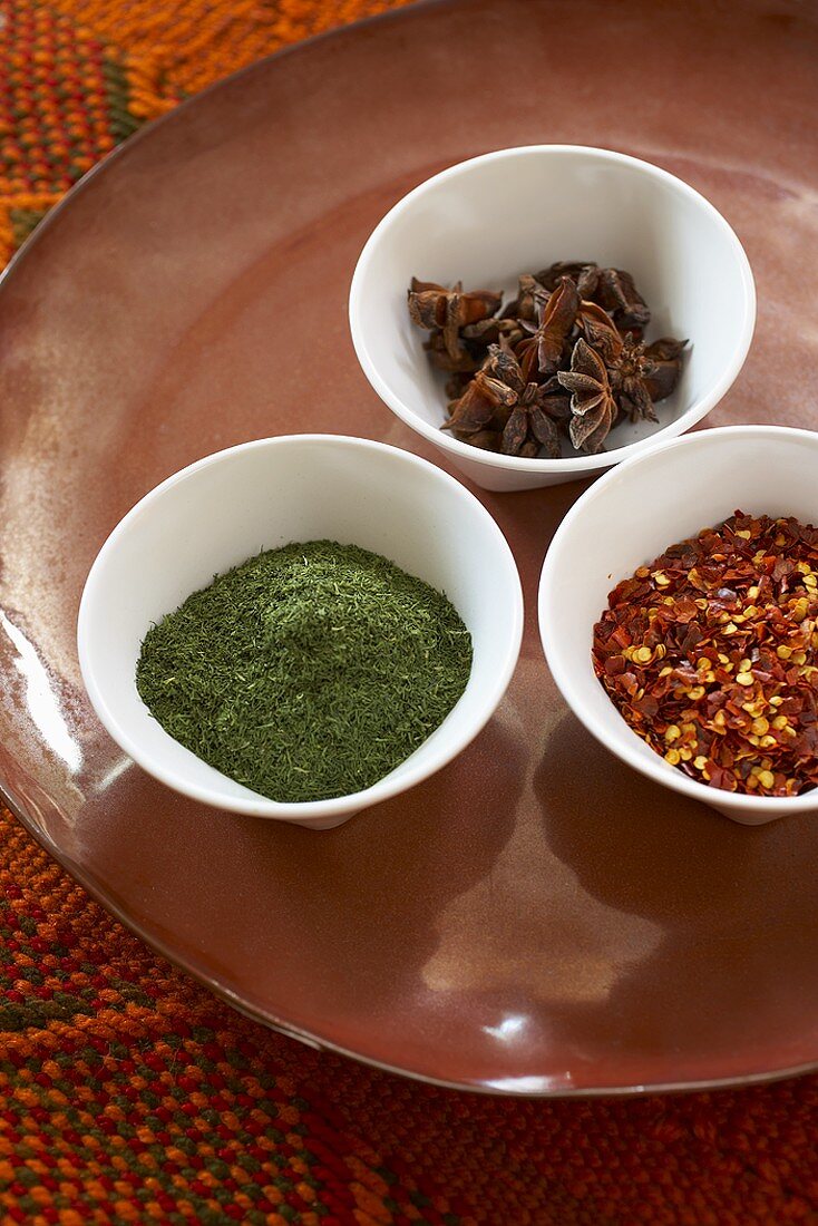 Three Small Bowls of Assorted Spices