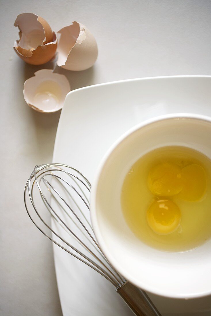 Eggs Cracked in a Bowl, Shells and Whisk