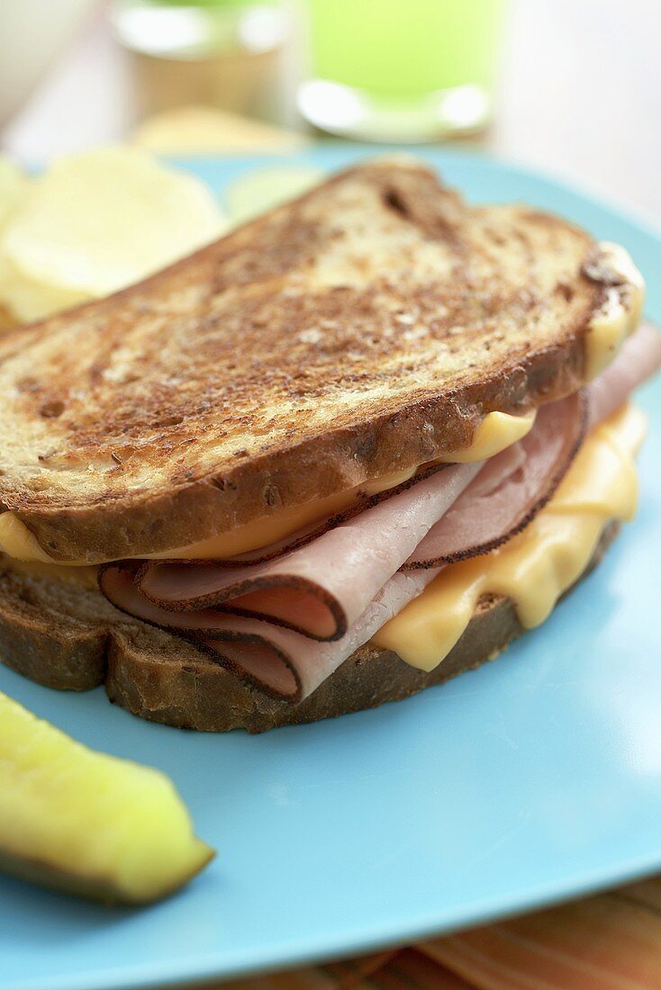 Whole Grilled Ham and Cheese Sandwich with Chips and Pickle