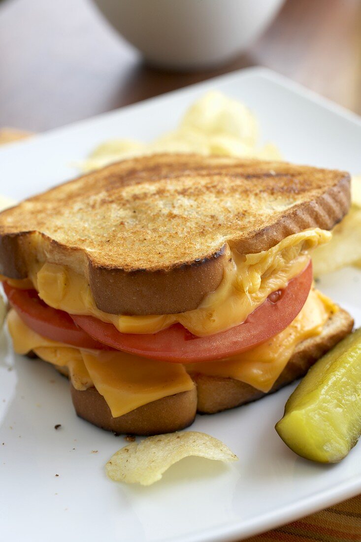 Käsetoast mit Tomaten, Essiggurke und Chips