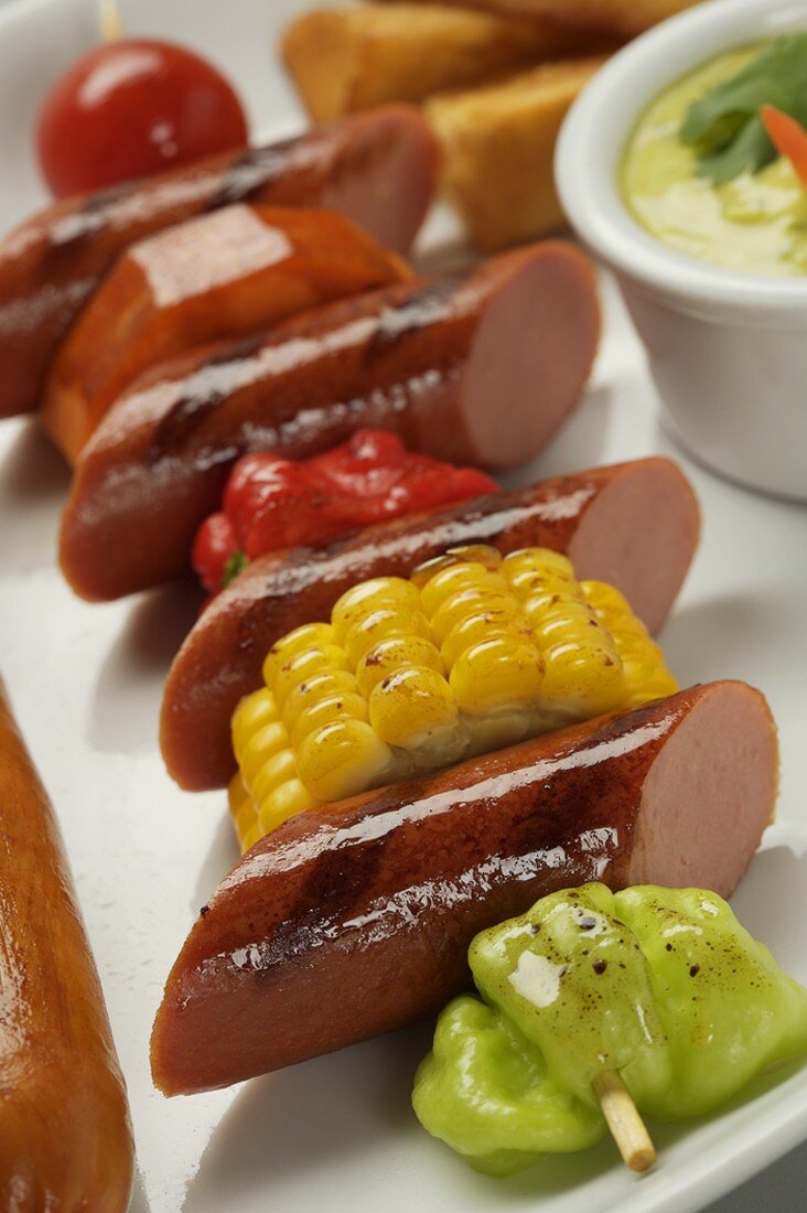 Grilled Hot Dog and Vegetable Skewer