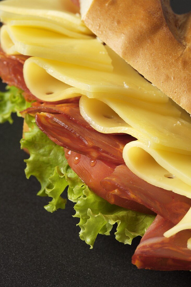 Sandwich mit Schinken, Käse und Salatblatt (Close Up)