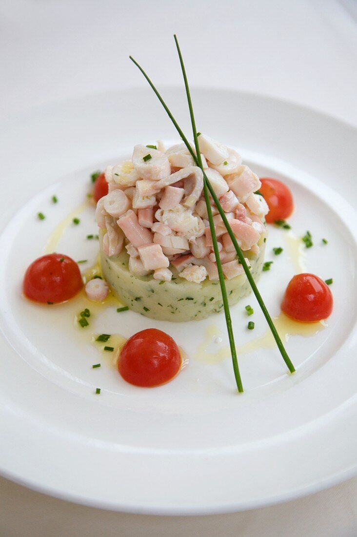 Octopus Ceviche with Avocado Mousse and Cherry Tomatoes
