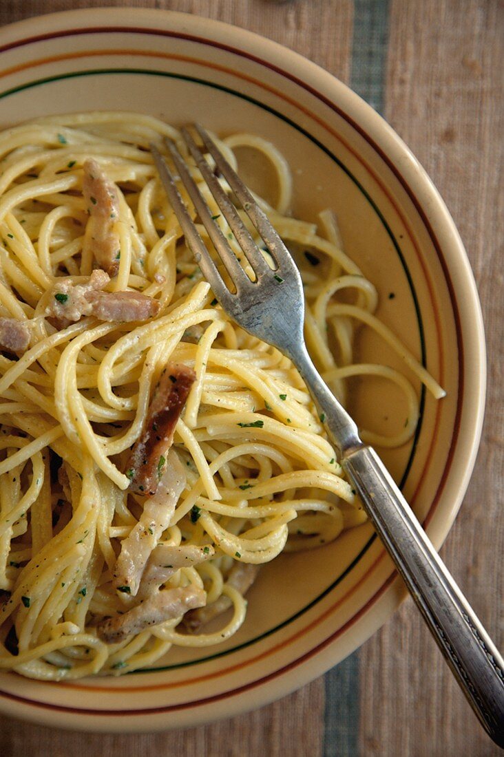 Bowl of Spaghetti alla Carbonara with Fork, From Above